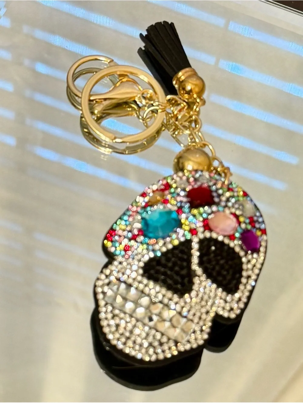 New Multi Color Beaded Crystal Skull Gem Keychain with Gold Hardware